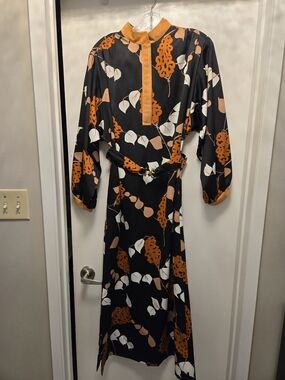 Vintage Christian Dior Black Maxi Dress with Orange and Cream Botanical Print